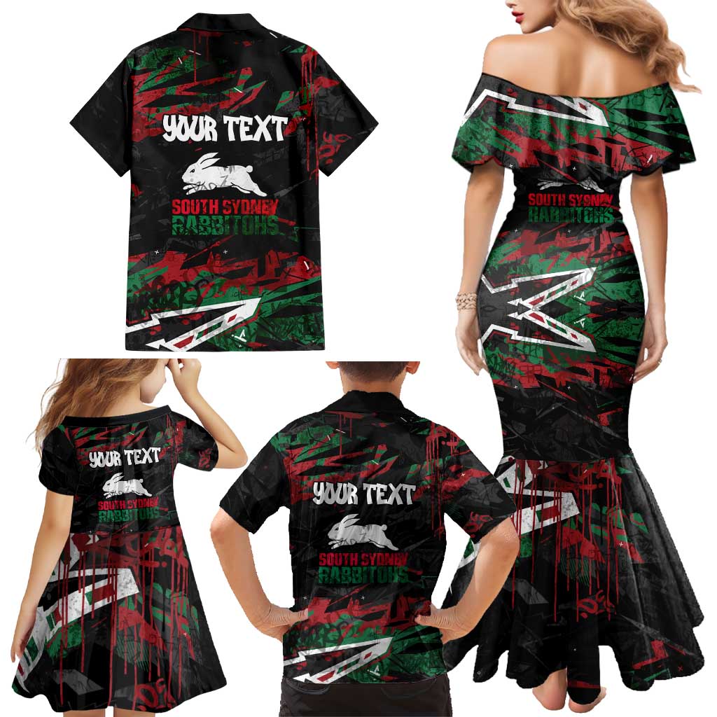 Personalized South Sydney Rabbitohs Family Matching Mermaid Dress and Hawaiian Shirt Graffiti Grunge Abstract Urban Street Style Design