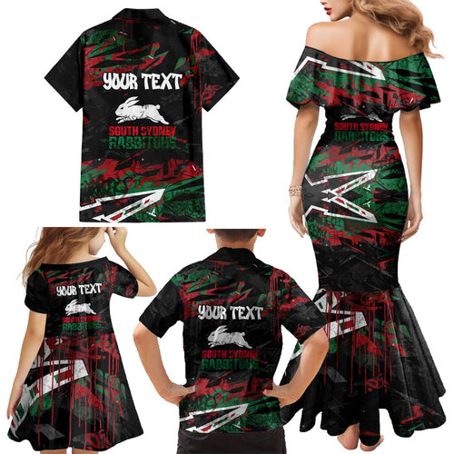 Personalized South Sydney Rabbitohs Family Matching Mermaid Dress and Hawaiian Shirt Graffiti Grunge Abstract Urban Street Style Design