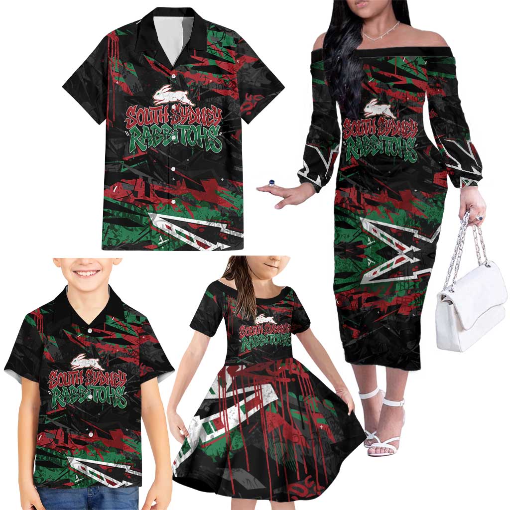 Personalized South Sydney Rabbitohs Family Matching Off The Shoulder Long Sleeve Dress and Hawaiian Shirt Graffiti Grunge Abstract Urban Street Style Design
