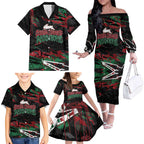 Personalized South Sydney Rabbitohs Family Matching Off The Shoulder Long Sleeve Dress and Hawaiian Shirt Graffiti Grunge Abstract Urban Street Style Design