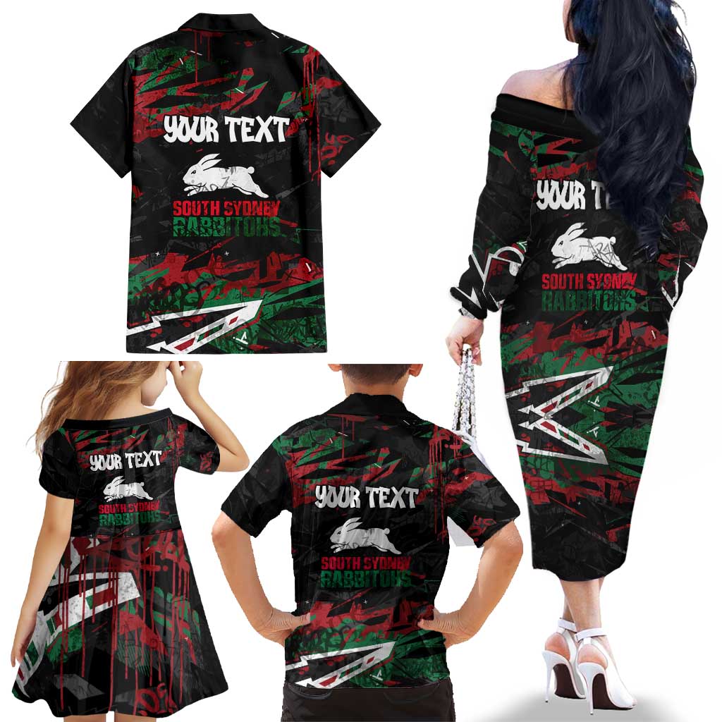 Personalized South Sydney Rabbitohs Family Matching Off The Shoulder Long Sleeve Dress and Hawaiian Shirt Graffiti Grunge Abstract Urban Street Style Design