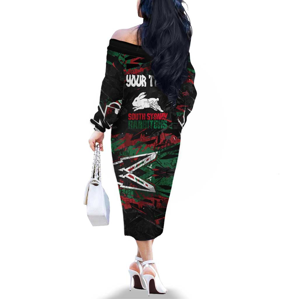 Personalized South Sydney Rabbitohs Family Matching Off The Shoulder Long Sleeve Dress and Hawaiian Shirt Graffiti Grunge Abstract Urban Street Style Design