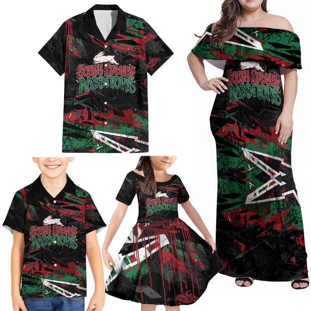 Personalized South Sydney Rabbitohs Family Matching Off Shoulder Maxi Dress and Hawaiian Shirt Graffiti Grunge Abstract Urban Street Style Design