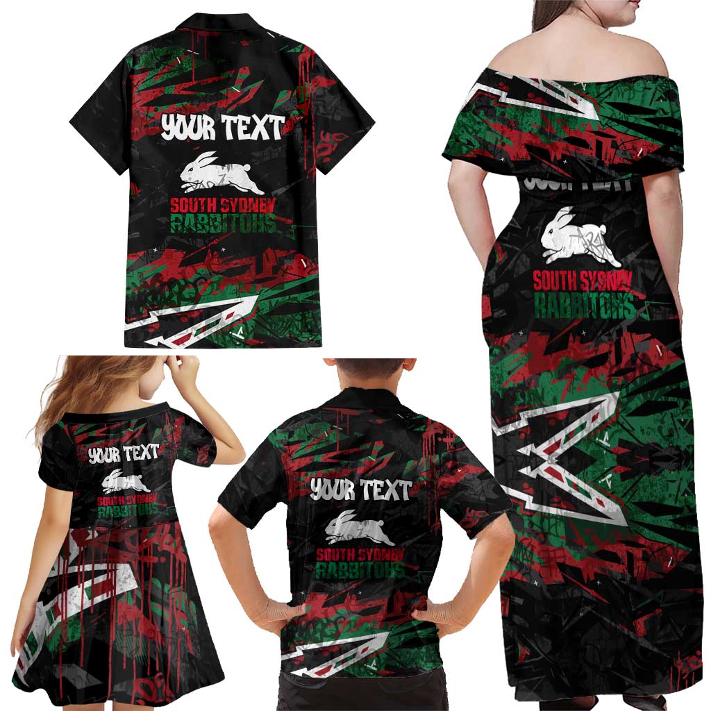 Personalized South Sydney Rabbitohs Family Matching Off Shoulder Maxi Dress and Hawaiian Shirt Graffiti Grunge Abstract Urban Street Style Design