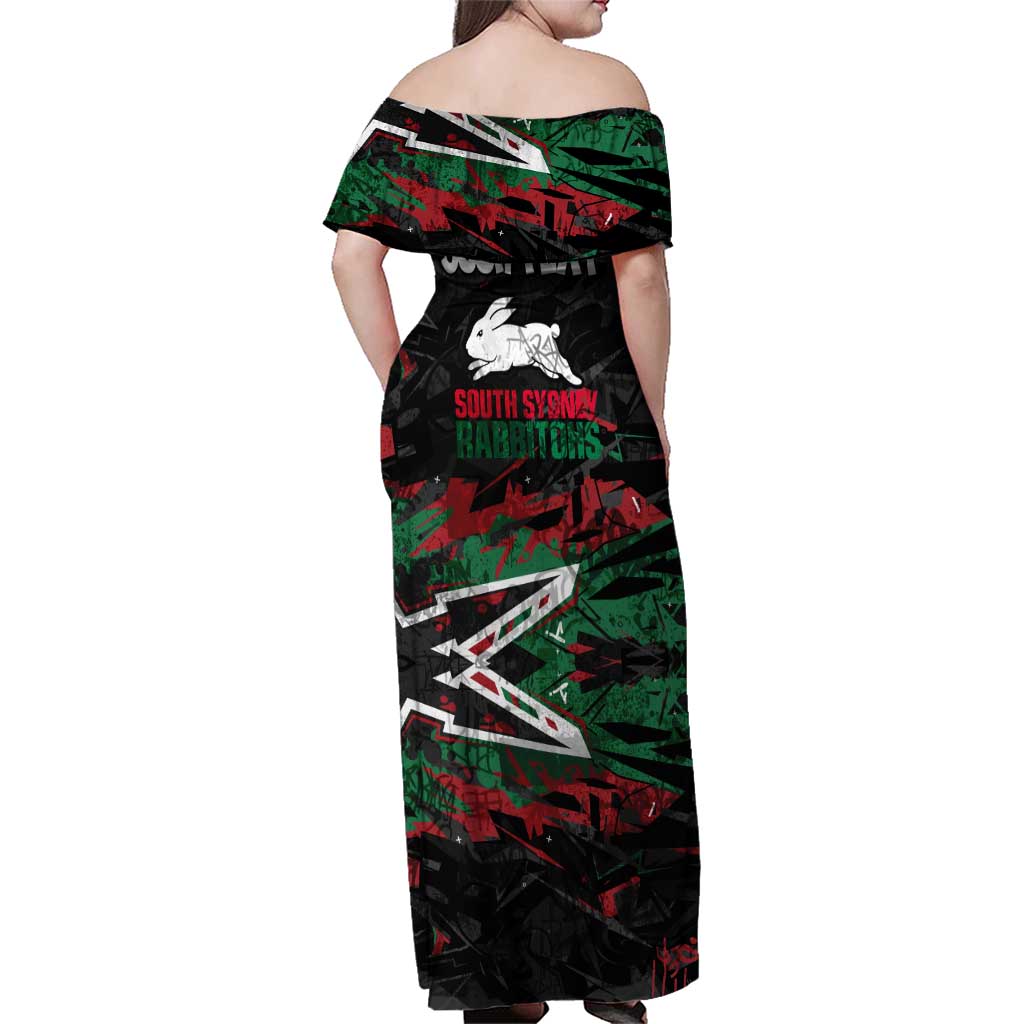 Personalized South Sydney Rabbitohs Family Matching Off Shoulder Maxi Dress and Hawaiian Shirt Graffiti Grunge Abstract Urban Street Style Design
