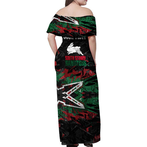 Personalized South Sydney Rabbitohs Family Matching Off Shoulder Maxi Dress and Hawaiian Shirt Graffiti Grunge Abstract Urban Street Style Design