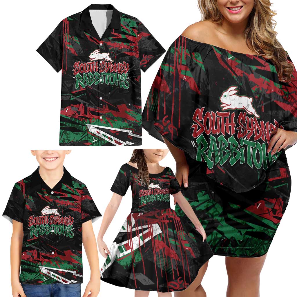 Personalized South Sydney Rabbitohs Family Matching Off Shoulder Short Dress and Hawaiian Shirt Graffiti Grunge Abstract Urban Street Style Design