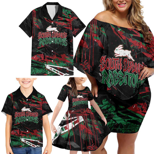 Personalized South Sydney Rabbitohs Family Matching Off Shoulder Short Dress and Hawaiian Shirt Graffiti Grunge Abstract Urban Street Style Design