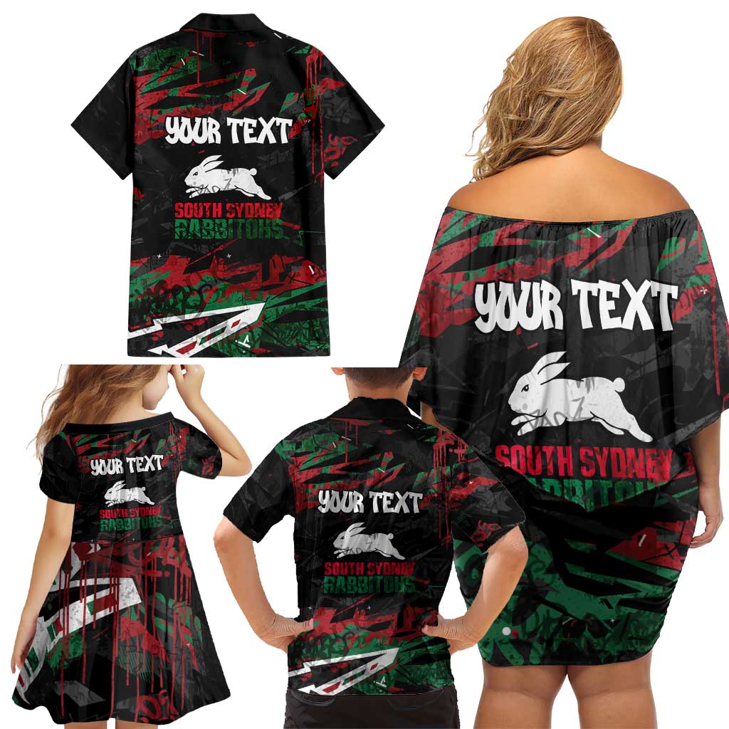 Personalized South Sydney Rabbitohs Family Matching Off Shoulder Short Dress and Hawaiian Shirt Graffiti Grunge Abstract Urban Street Style Design