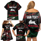 Personalized South Sydney Rabbitohs Family Matching Off Shoulder Short Dress and Hawaiian Shirt Graffiti Grunge Abstract Urban Street Style Design