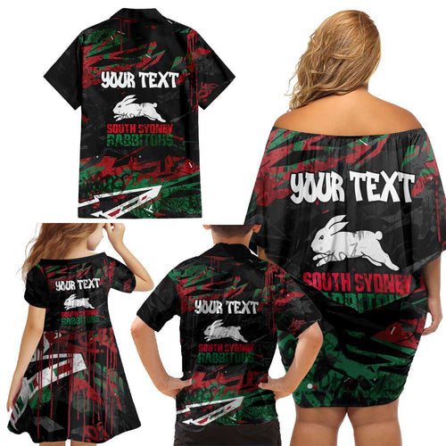 Personalized South Sydney Rabbitohs Family Matching Off Shoulder Short Dress and Hawaiian Shirt Graffiti Grunge Abstract Urban Street Style Design