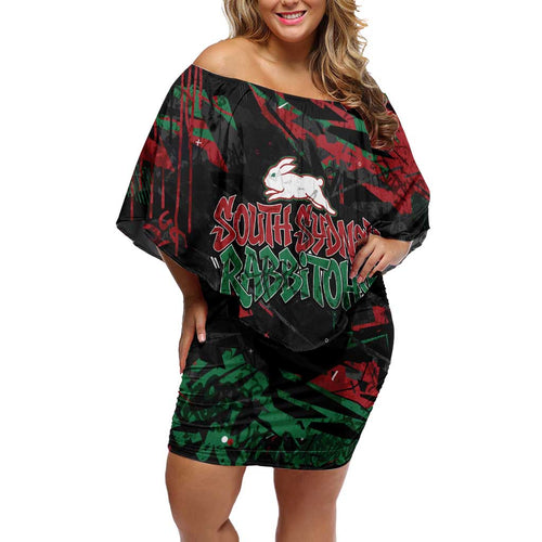 Personalized South Sydney Rabbitohs Family Matching Off Shoulder Short Dress and Hawaiian Shirt Graffiti Grunge Abstract Urban Street Style Design