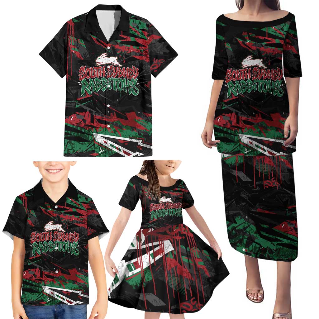 Personalized South Sydney Rabbitohs Family Matching Puletasi and Hawaiian Shirt Graffiti Grunge Abstract Urban Street Style Design