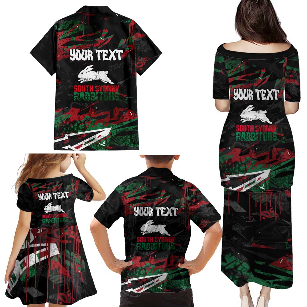 Personalized South Sydney Rabbitohs Family Matching Puletasi and Hawaiian Shirt Graffiti Grunge Abstract Urban Street Style Design