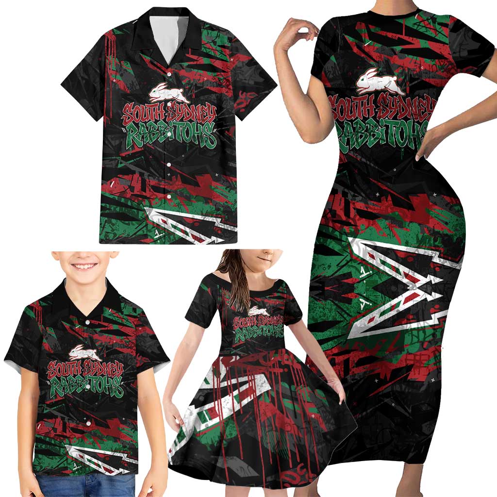 Personalized South Sydney Rabbitohs Family Matching Short Sleeve Bodycon Dress and Hawaiian Shirt Graffiti Grunge Abstract Urban Street Style Design