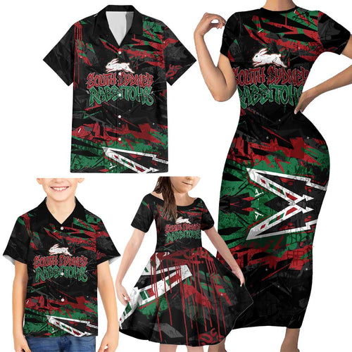 Personalized South Sydney Rabbitohs Family Matching Short Sleeve Bodycon Dress and Hawaiian Shirt Graffiti Grunge Abstract Urban Street Style Design