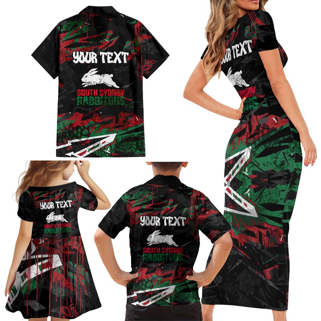 Personalized South Sydney Rabbitohs Family Matching Short Sleeve Bodycon Dress and Hawaiian Shirt Graffiti Grunge Abstract Urban Street Style Design