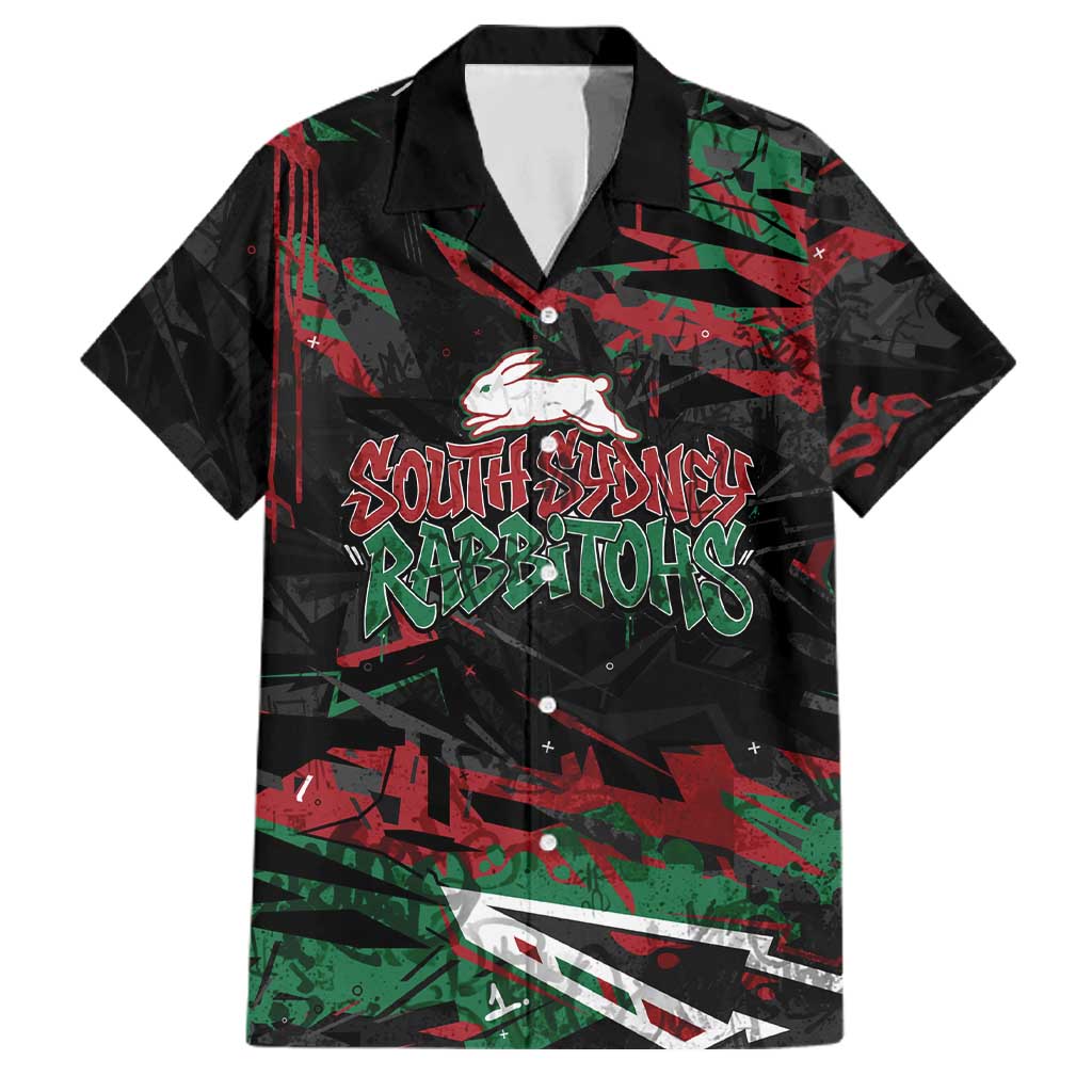 Personalized South Sydney Rabbitohs Family Matching Short Sleeve Bodycon Dress and Hawaiian Shirt Graffiti Grunge Abstract Urban Street Style Design
