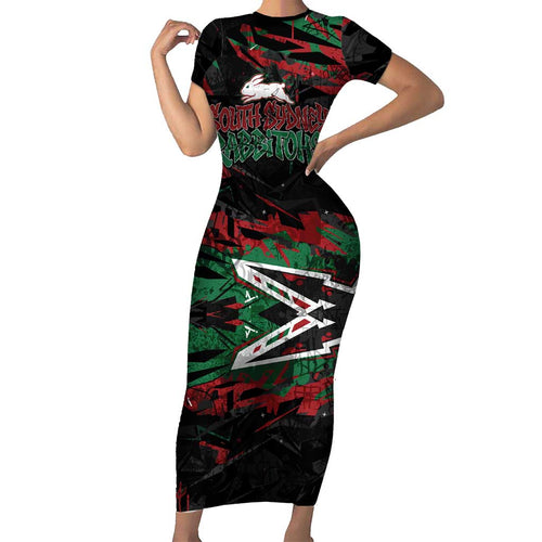 Personalized South Sydney Rabbitohs Family Matching Short Sleeve Bodycon Dress and Hawaiian Shirt Graffiti Grunge Abstract Urban Street Style Design