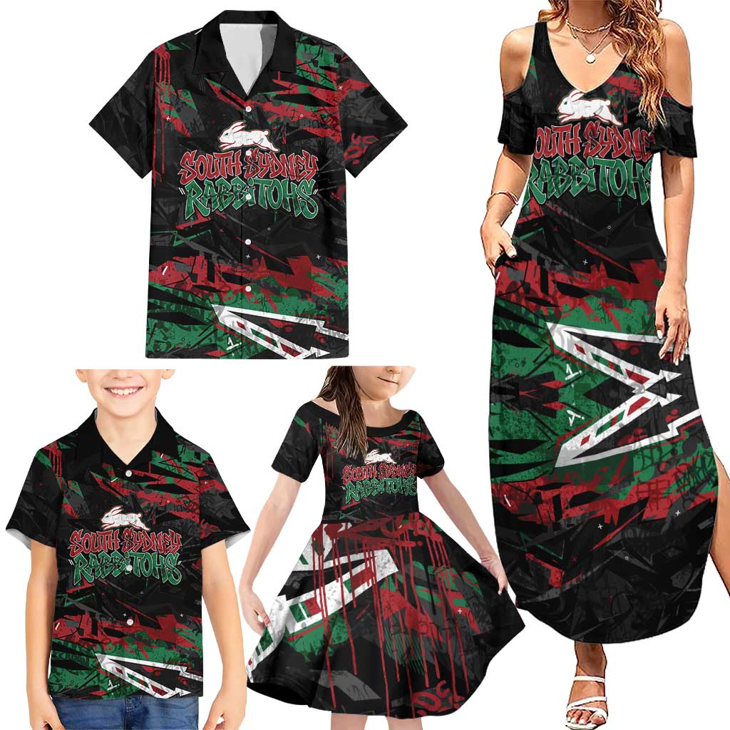 Personalized South Sydney Rabbitohs Family Matching Summer Maxi Dress and Hawaiian Shirt Graffiti Grunge Abstract Urban Street Style Design