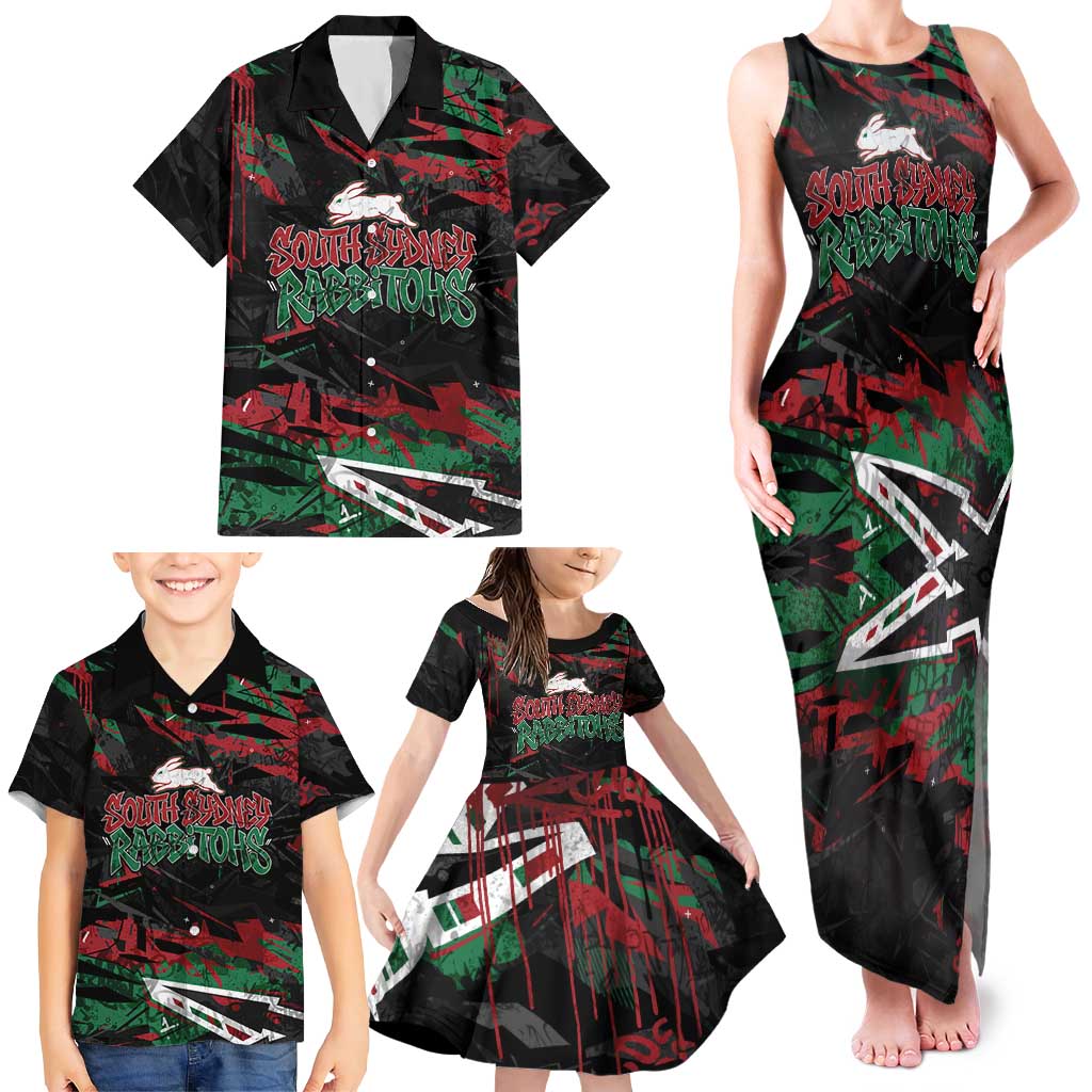Personalized South Sydney Rabbitohs Family Matching Tank Maxi Dress and Hawaiian Shirt Graffiti Grunge Abstract Urban Street Style Design