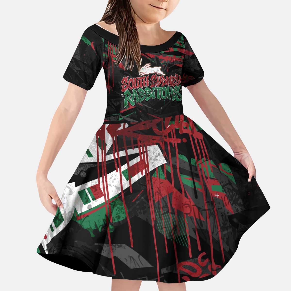 Personalized South Sydney Rabbitohs Kid Short Sleeve Dress Graffiti Grunge Abstract Urban Street Style Design