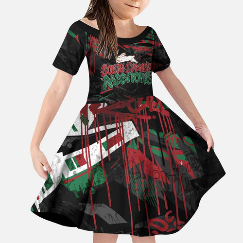 Personalized South Sydney Rabbitohs Kid Short Sleeve Dress Graffiti Grunge Abstract Urban Street Style Design