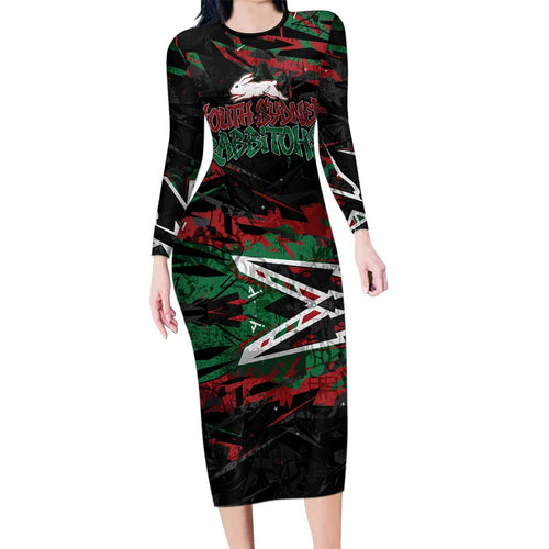 Personalized South Sydney Rabbitohs Long Sleeve Bodycon Dress Graffiti Grunge Abstract Urban Street Style Design