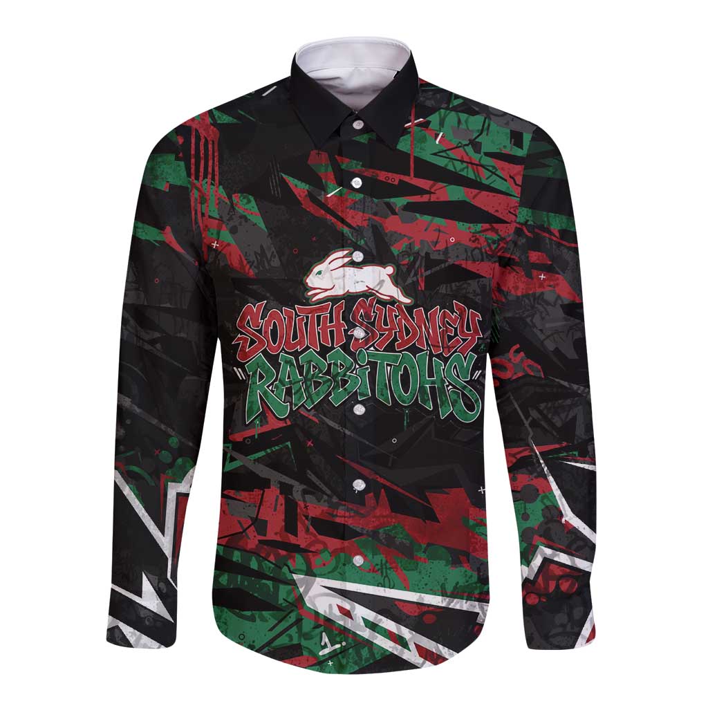 Personalized South Sydney Rabbitohs Long Sleeve Button Shirt Graffiti Grunge Abstract Urban Street Style Design