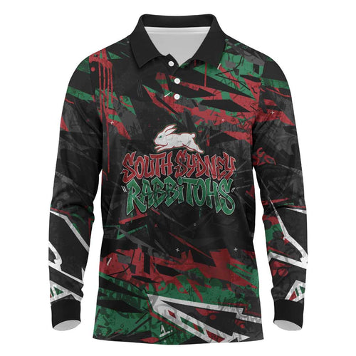 Personalized South Sydney Rabbitohs Long Sleeve Polo Shirt Graffiti Grunge Abstract Urban Street Style Design