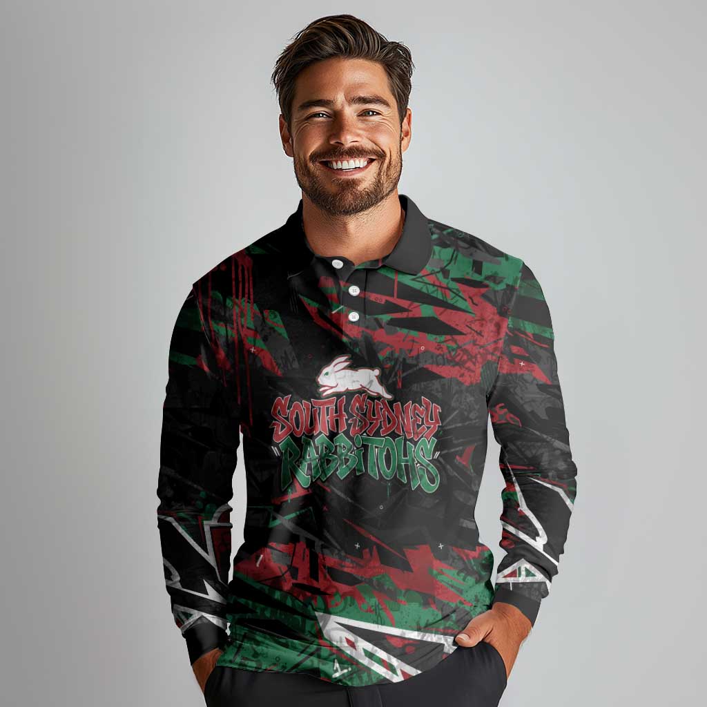 Personalized South Sydney Rabbitohs Long Sleeve Polo Shirt Graffiti Grunge Abstract Urban Street Style Design