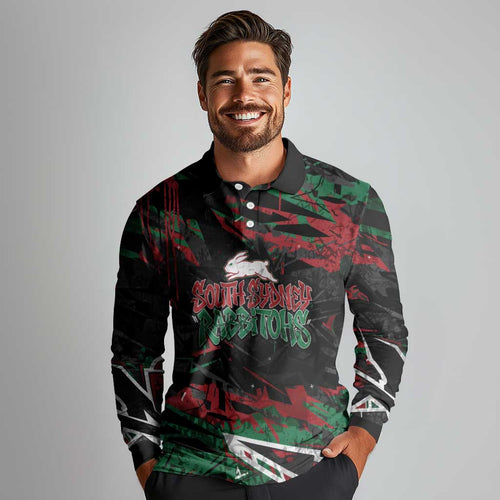 Personalized South Sydney Rabbitohs Long Sleeve Polo Shirt Graffiti Grunge Abstract Urban Street Style Design