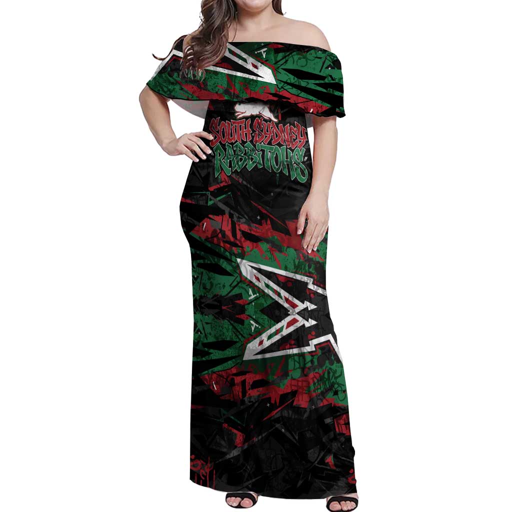 Personalized South Sydney Rabbitohs Off Shoulder Maxi Dress Graffiti Grunge Abstract Urban Street Style Design