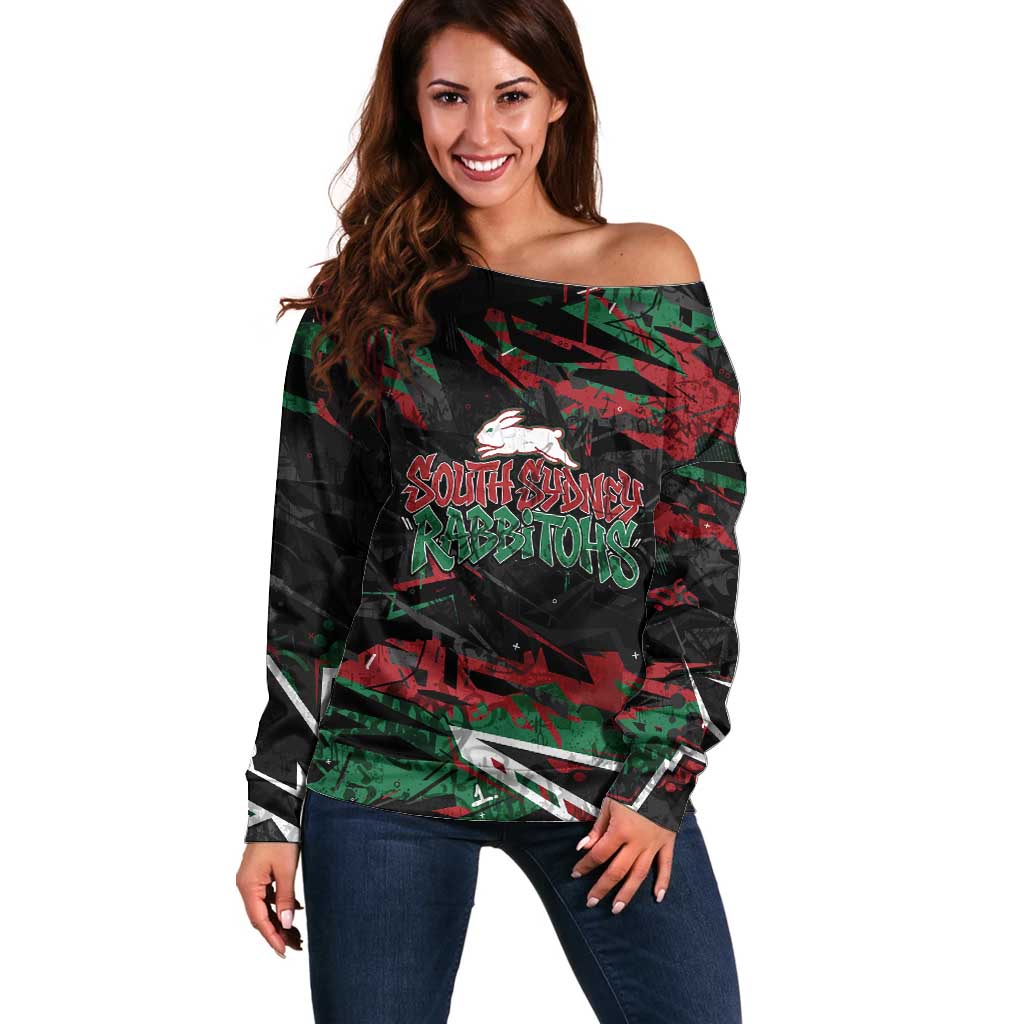 Personalized South Sydney Rabbitohs Off Shoulder Sweater Graffiti Grunge Abstract Urban Street Style Design