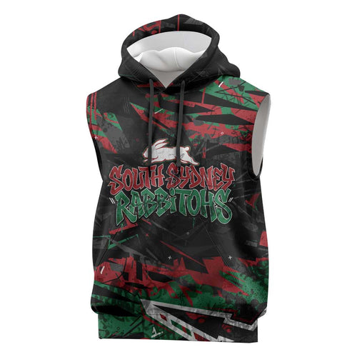 Personalized South Sydney Rabbitohs Sleeveless Hoodie Graffiti Grunge Abstract Urban Street Style Design