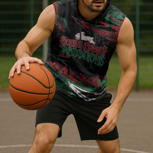 Personalized South Sydney Rabbitohs Sleeveless Hoodie Graffiti Grunge Abstract Urban Street Style Design