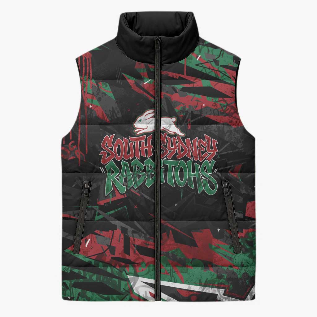 Personalized South Sydney Rabbitohs Sleeveless Puffer Jacket Graffiti Grunge Abstract Urban Street Style Design