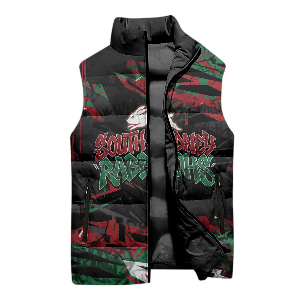 Personalized South Sydney Rabbitohs Sleeveless Puffer Jacket Graffiti Grunge Abstract Urban Street Style Design