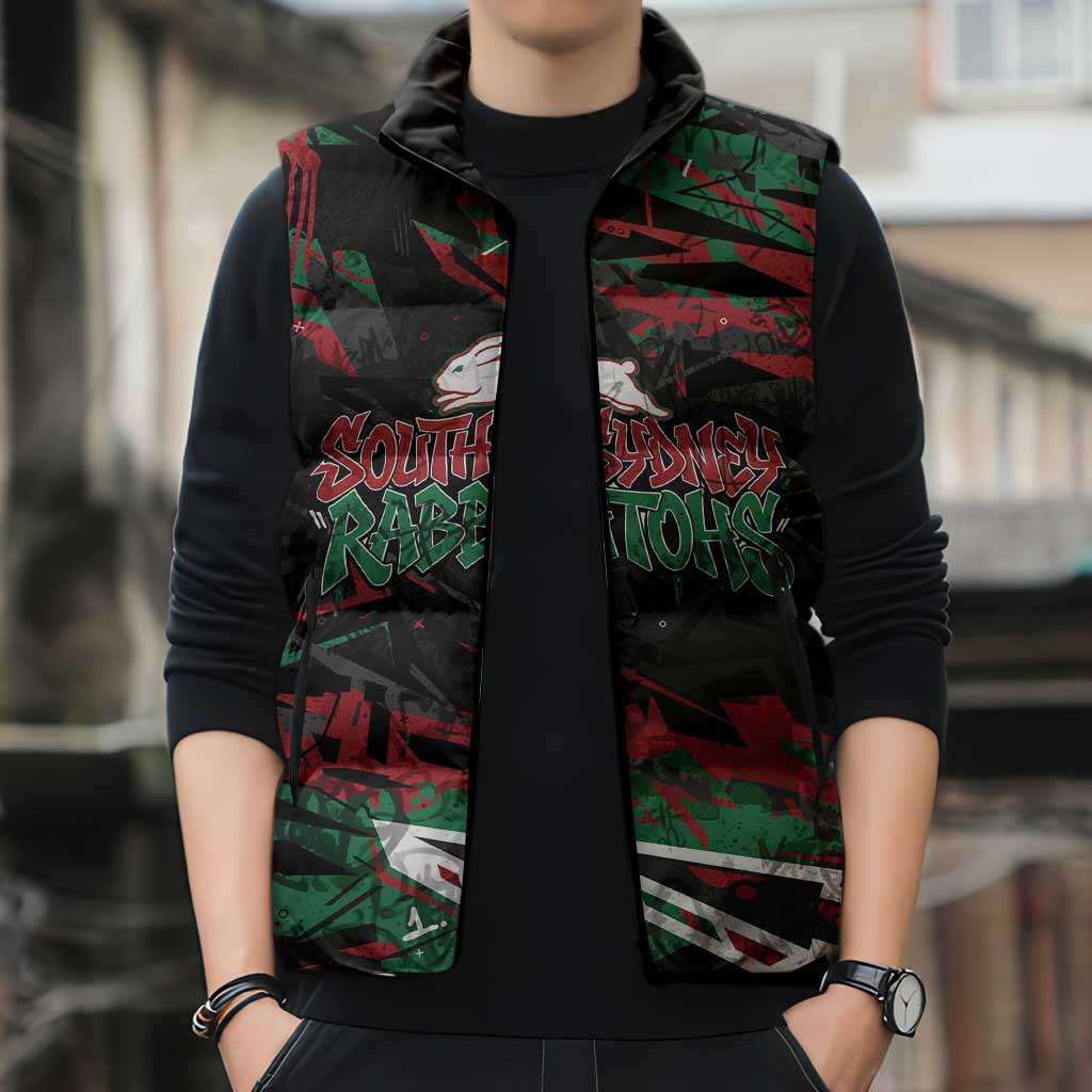 Personalized South Sydney Rabbitohs Sleeveless Puffer Jacket Graffiti Grunge Abstract Urban Street Style Design