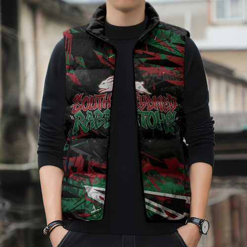 Personalized South Sydney Rabbitohs Sleeveless Puffer Jacket Graffiti Grunge Abstract Urban Street Style Design