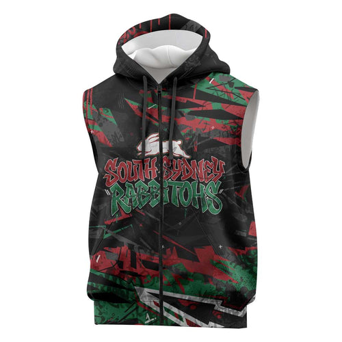 Personalized South Sydney Rabbitohs Sleeveless Zip Hoodie Graffiti Grunge Abstract Urban Street Style Design