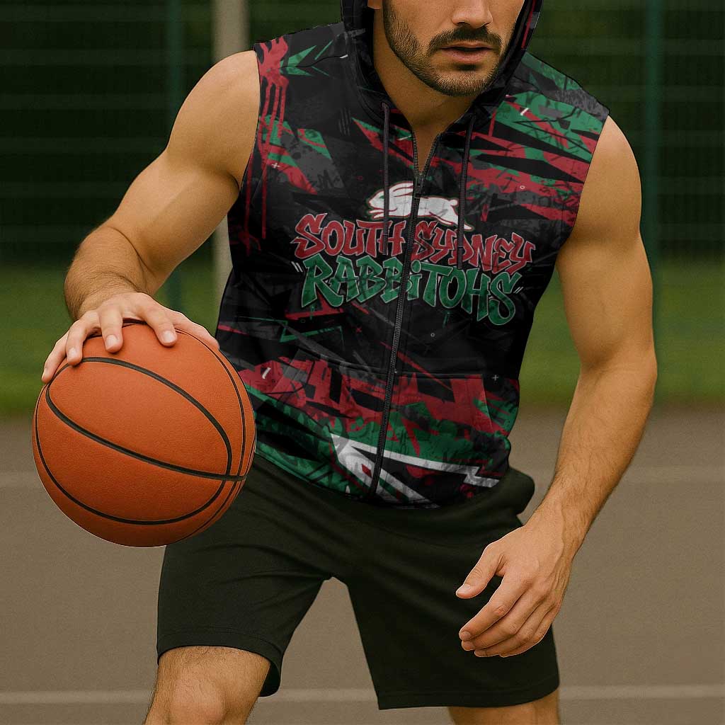 Personalized South Sydney Rabbitohs Sleeveless Zip Hoodie Graffiti Grunge Abstract Urban Street Style Design