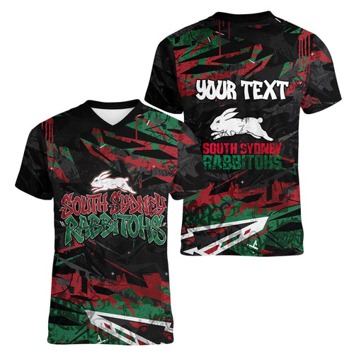 Personalized South Sydney Rabbitohs Women V-Neck T-Shirt Graffiti Grunge Abstract Urban Street Style Design