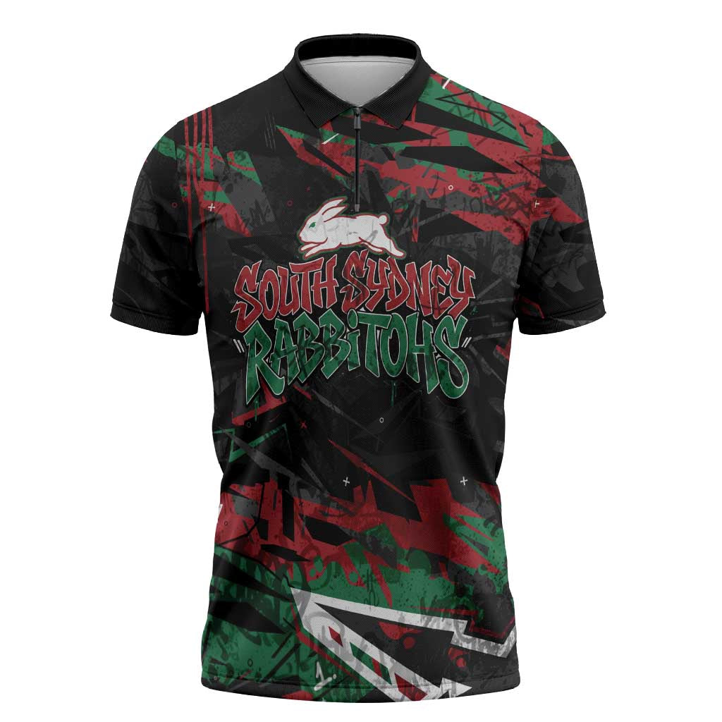 Personalized South Sydney Rabbitohs Zipper Polo Shirt Graffiti Grunge Abstract Urban Street Style Design
