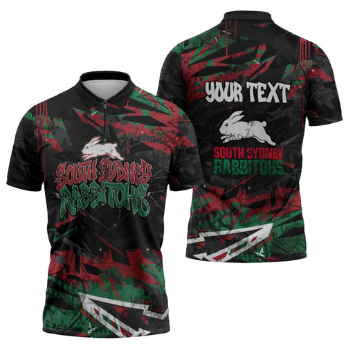 Personalized South Sydney Rabbitohs Zipper Polo Shirt Graffiti Grunge Abstract Urban Street Style Design