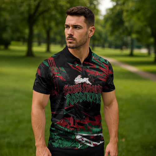 Personalized South Sydney Rabbitohs Zipper Polo Shirt Graffiti Grunge Abstract Urban Street Style Design