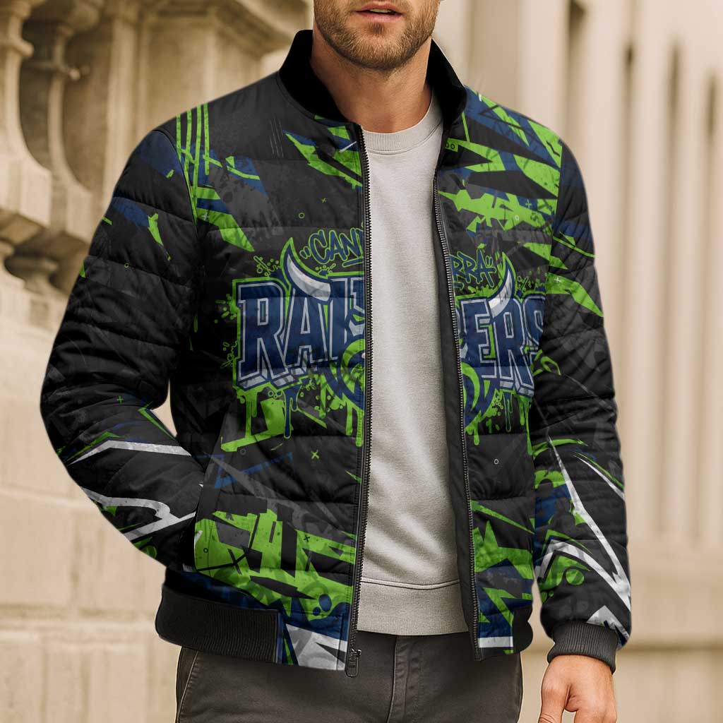 Personalized Canberra Raiders Bomber Puffer Jacket Graffiti Grunge Abstract Urban Street Style Design