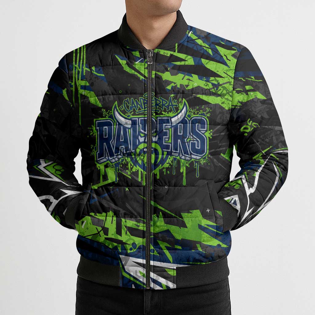 Personalized Canberra Raiders Bomber Puffer Jacket Graffiti Grunge Abstract Urban Street Style Design