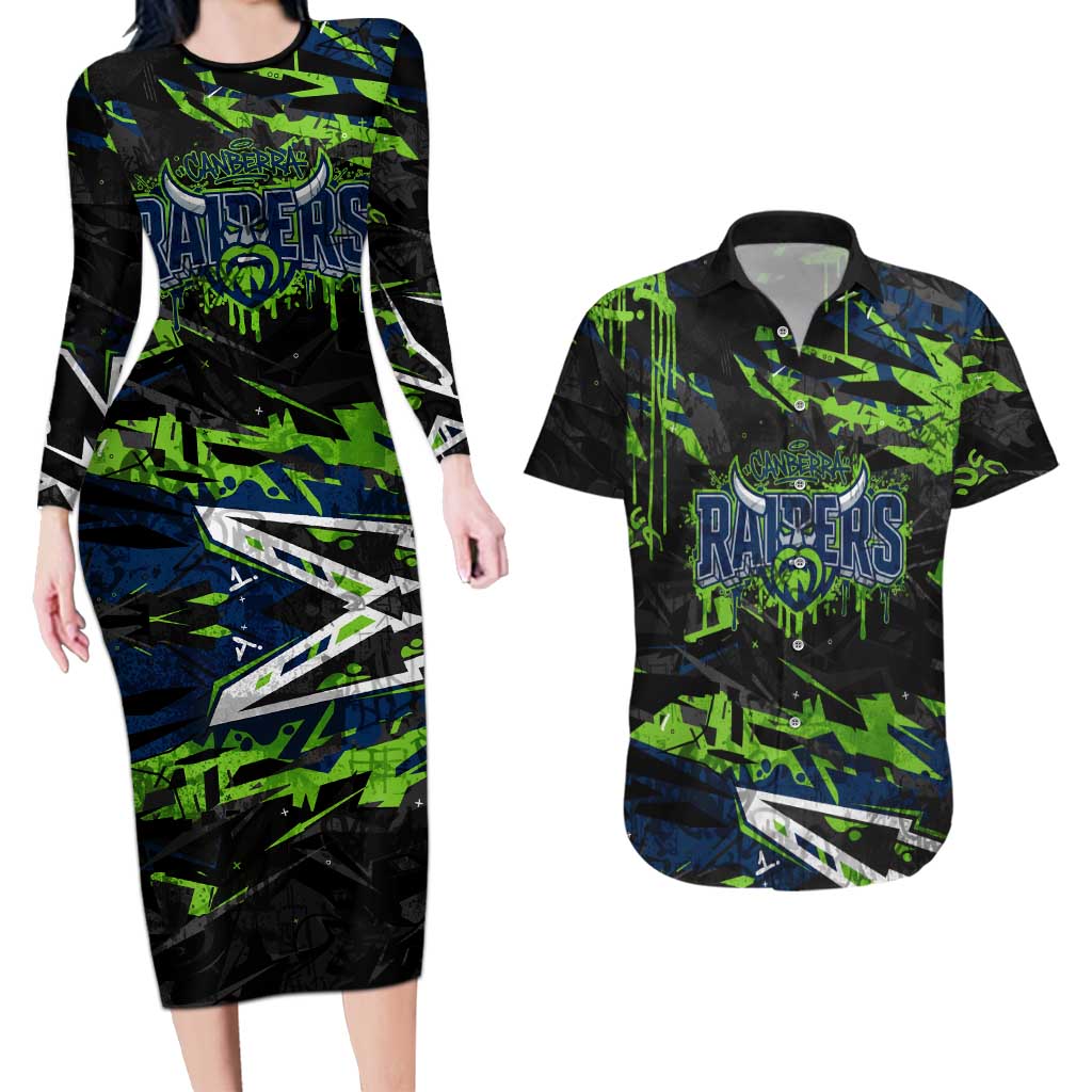 Personalized Canberra Raiders Couples Matching Long Sleeve Bodycon Dress and Hawaiian Shirt Graffiti Grunge Abstract Urban Street Style Design