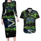Personalized Canberra Raiders Couples Matching Long Sleeve Bodycon Dress and Hawaiian Shirt Graffiti Grunge Abstract Urban Street Style Design